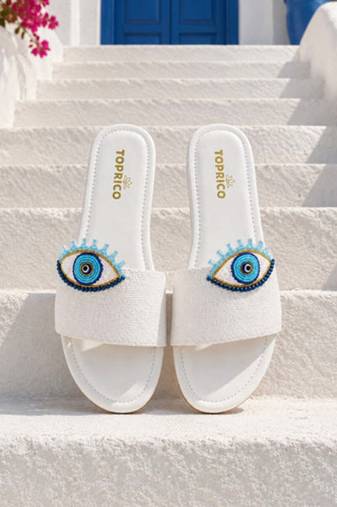White beaded faux leather evil eye flats for women
