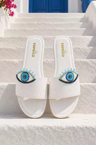White beaded faux leather evil eye flats for women