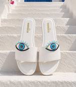 White beaded faux leather evil eye flats for women