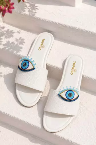 White beaded faux leather evil eye flats for women