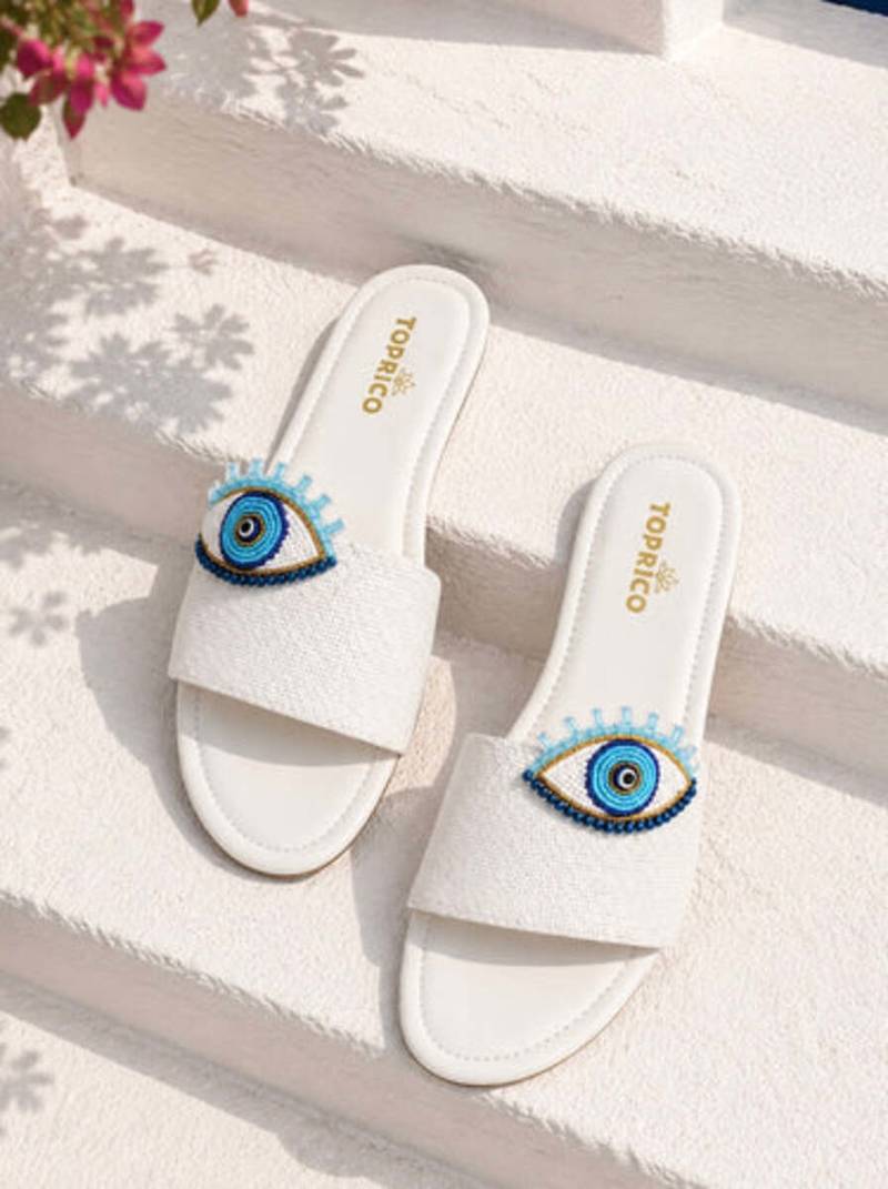 White beaded faux leather evil eye flats for women