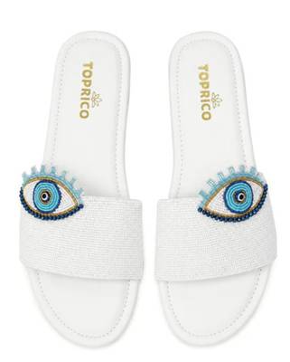 White beaded faux leather evil eye flats for women 3