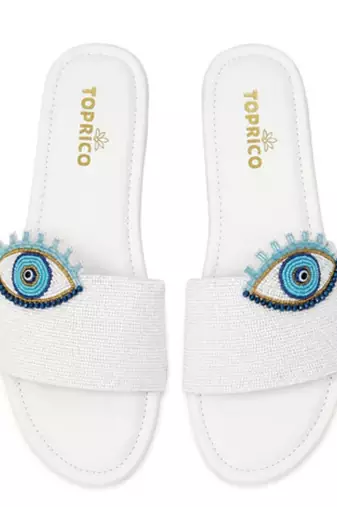 White beaded faux leather evil eye flats for women