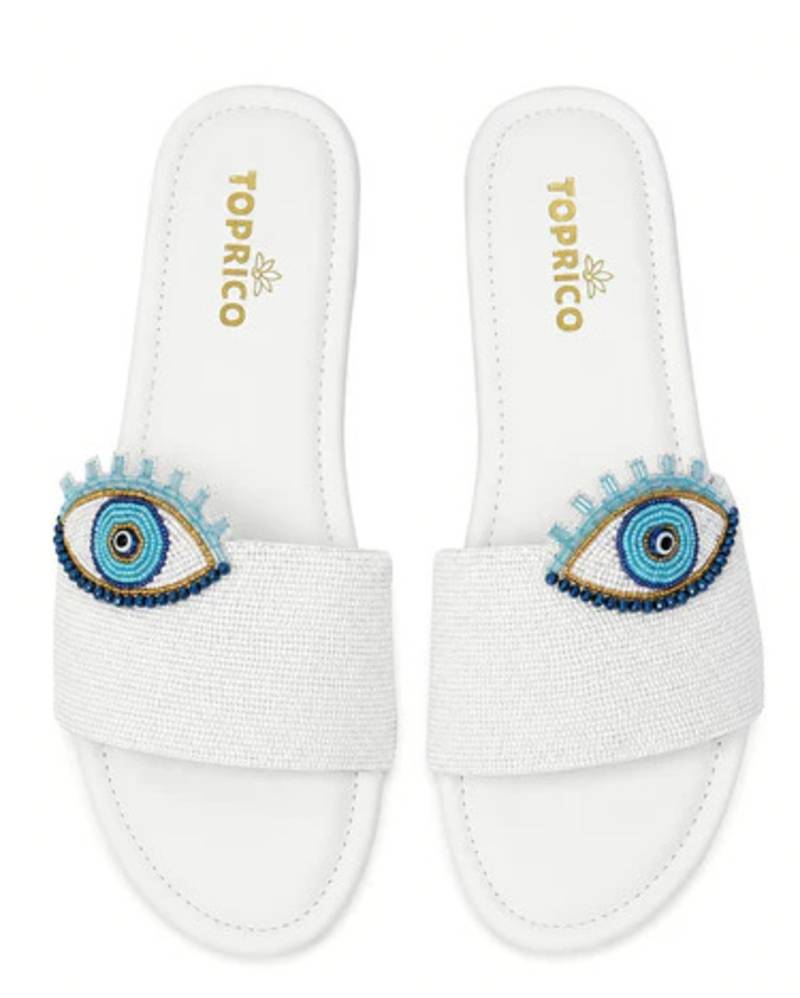 White beaded faux leather evil eye flats for women