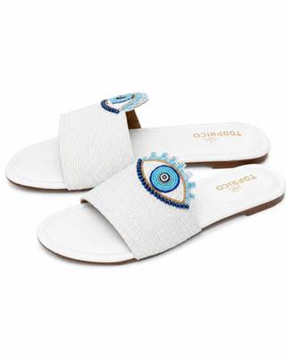 White beaded faux leather evil eye flats for women 4