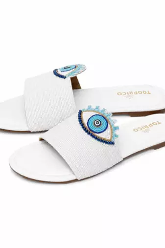 White beaded faux leather evil eye flats for women