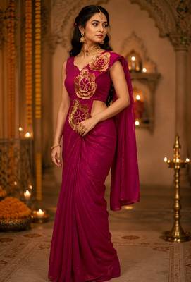 Designer Embroidered Applique Flower Design Ready To wear Saree With Stitched Blouse 1