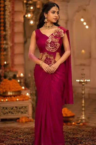 Designer Embroidered Applique Flower Design Ready To wear Saree With Stitched Blouse