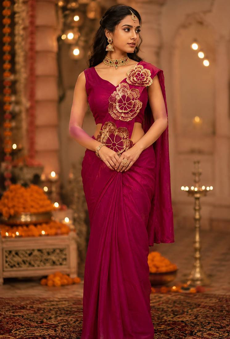 Designer Embroidered Applique Flower Design Ready To wear Saree With Stitched Blouse