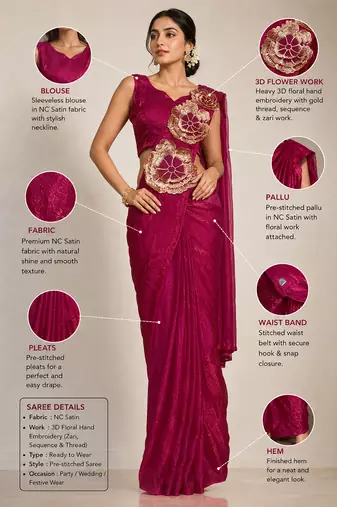 Designer Embroidered Applique Flower Design Ready To wear Saree With Stitched Blouse
