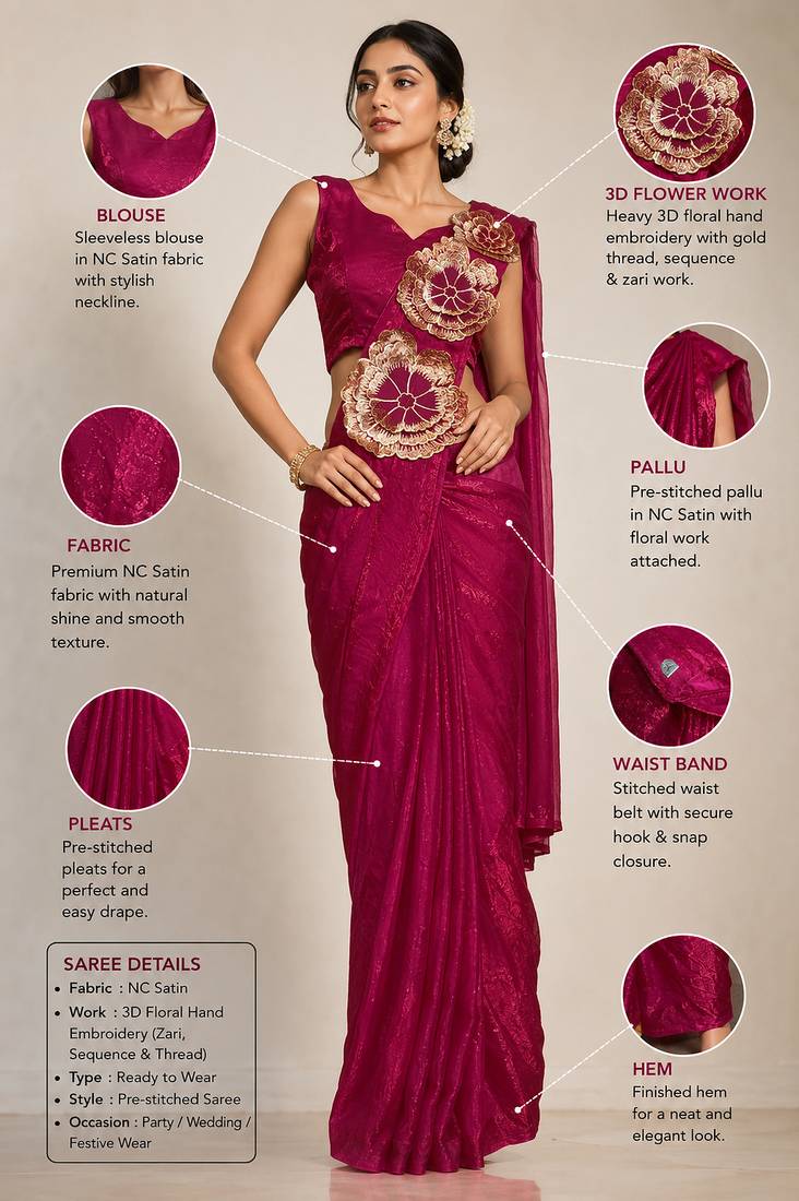 Designer Embroidered Applique Flower Design Ready To wear Saree With Stitched Blouse
