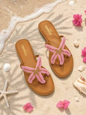 Tan embroidered faux leather flat sandals for women 1
