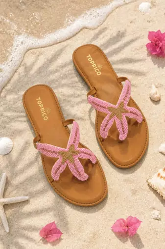 Tan embroidered faux leather flat sandals for women