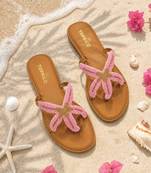 Tan embroidered faux leather flat sandals for women