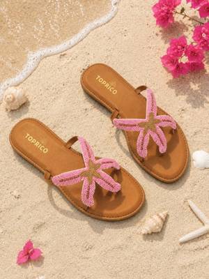 Tan embroidered faux leather flat sandals for women 2