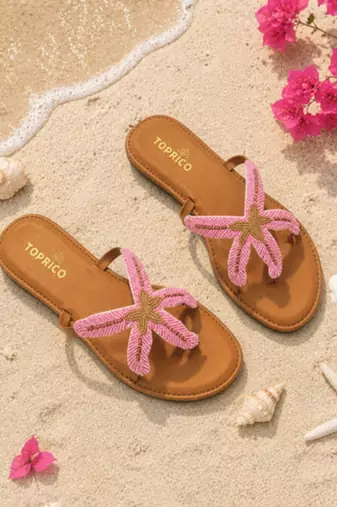 Tan embroidered faux leather flat sandals for women