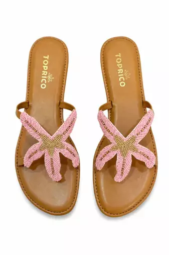 Tan embroidered faux leather flat sandals for women