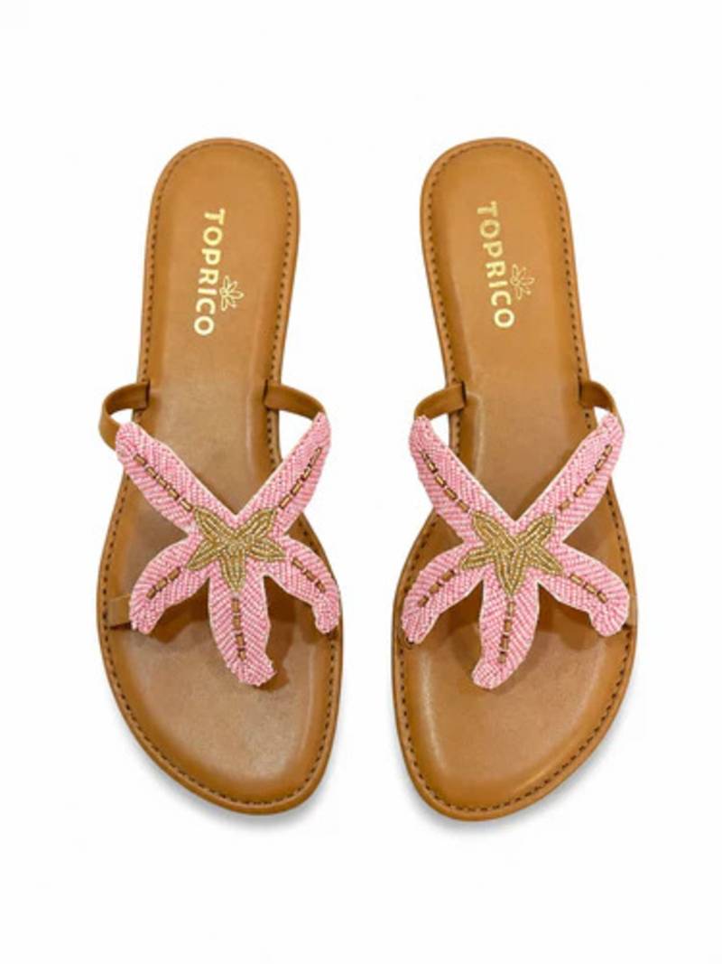 Tan embroidered faux leather flat sandals for women