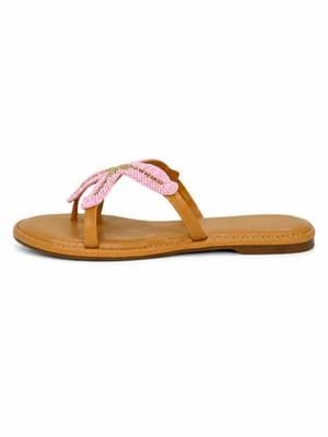 Tan embroidered faux leather flat sandals for women 5