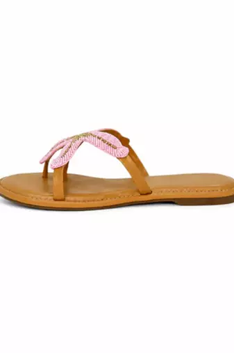 Tan embroidered faux leather flat sandals for women