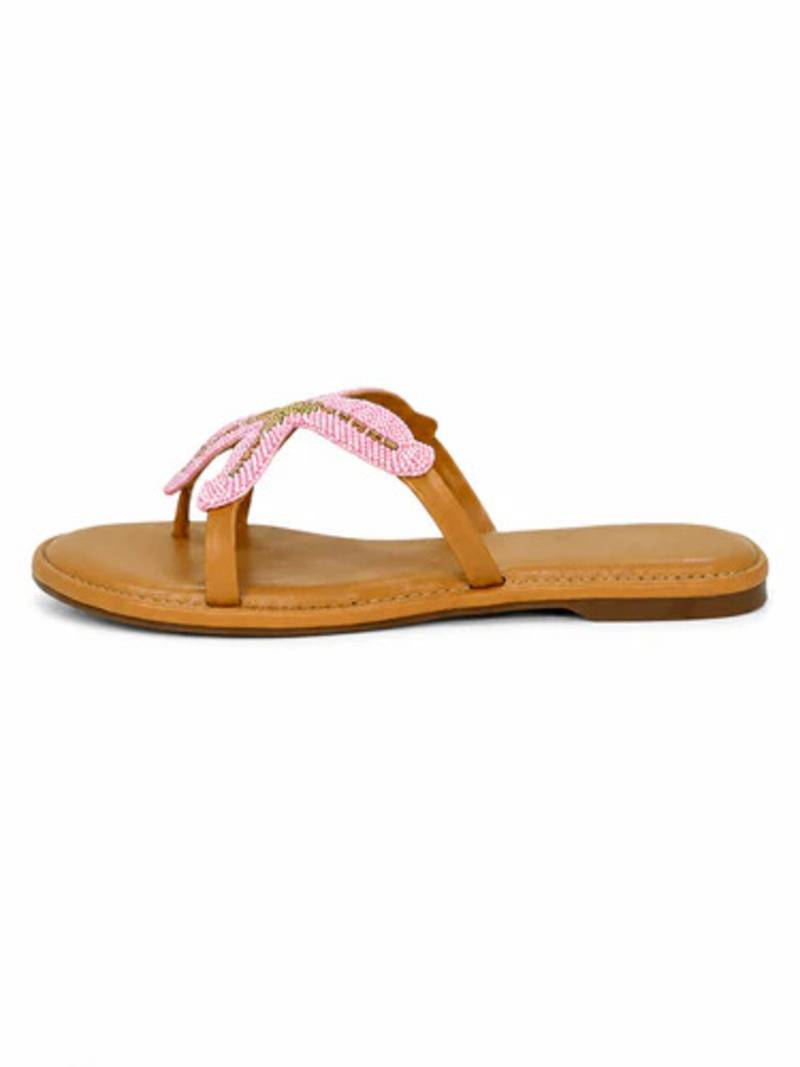 Tan embroidered faux leather flat sandals for women