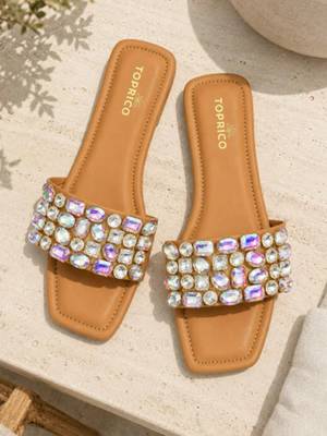 Tan embellished faux leather square toe flats for women 1