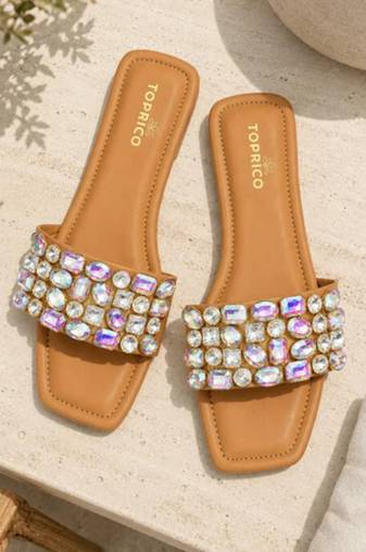 Tan embellished faux leather square toe flats for women