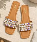 Tan embellished faux leather square toe flats for women