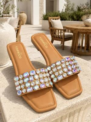 Tan embellished faux leather square toe flats for women 2