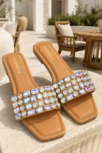 Tan embellished faux leather square toe flats for women