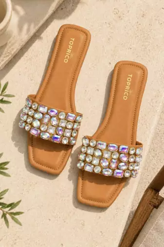 Tan embellished faux leather square toe flats for women