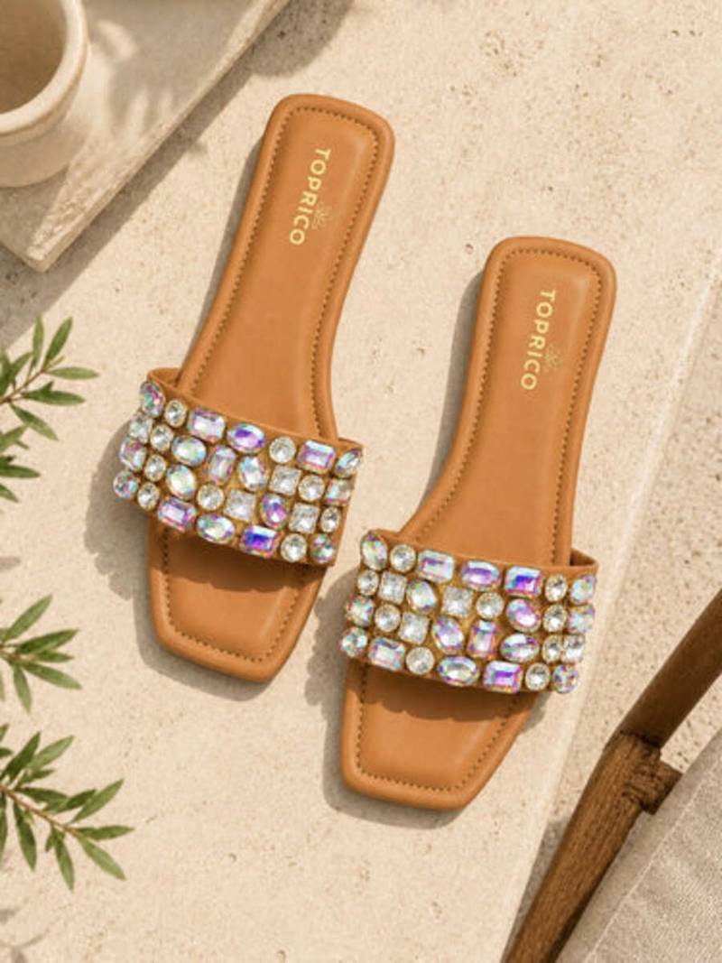 Tan embellished faux leather square toe flats for women