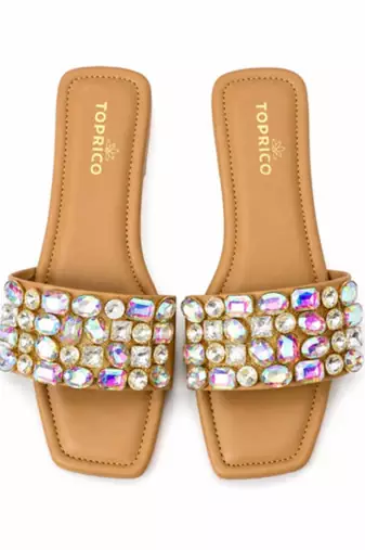 Tan embellished faux leather square toe flats for women