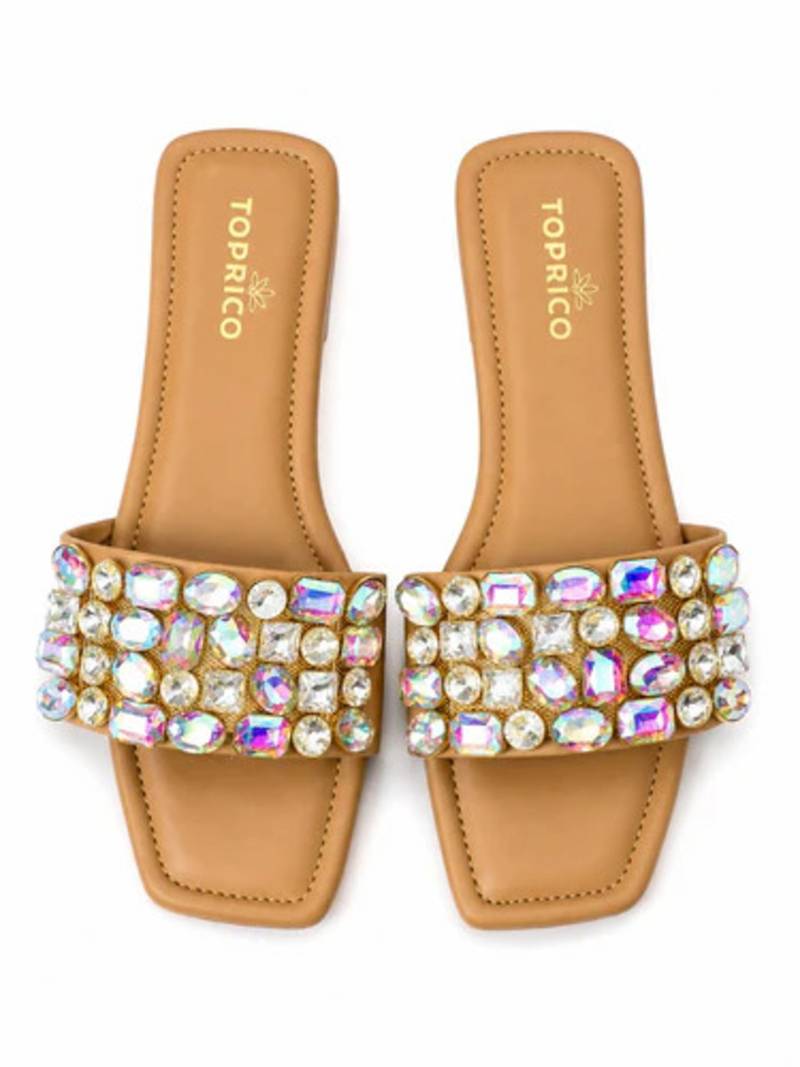 Tan embellished faux leather square toe flats for women