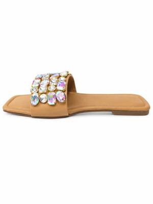 Tan embellished faux leather square toe flats for women 5