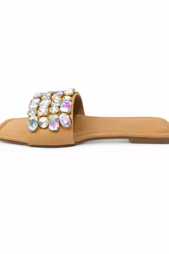 Tan embellished faux leather square toe flats for women