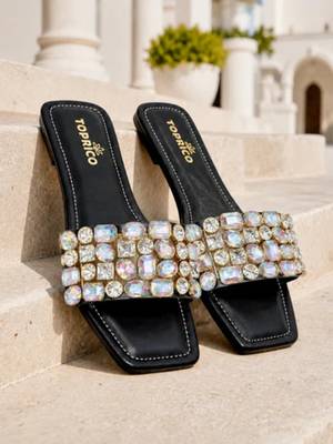 Black embellished faux leather square toe flats for women 1