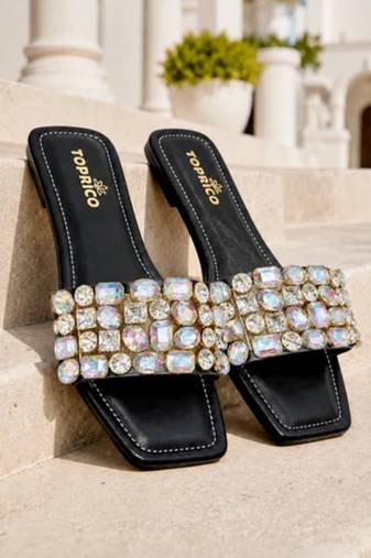 Black embellished faux leather square toe flats for women