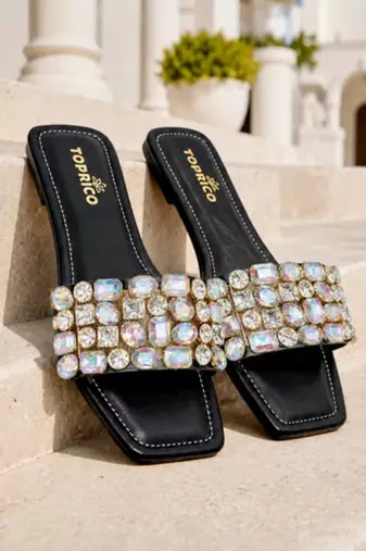 Black embellished faux leather square toe flats for women