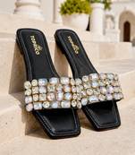 Black embellished faux leather square toe flats for women