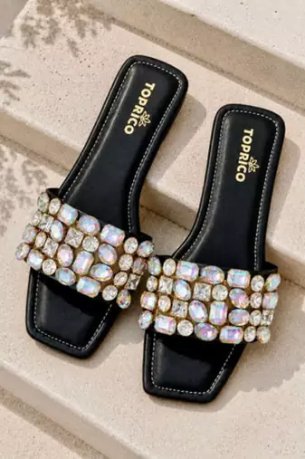 Black embellished faux leather square toe flats for women