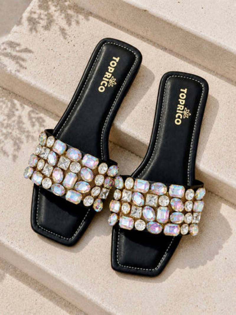 Black embellished faux leather square toe flats for women