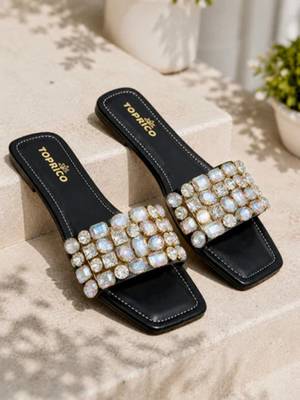 Black embellished faux leather square toe flats for women 3