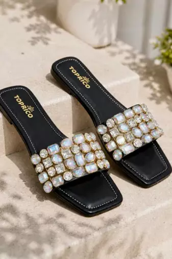 Black embellished faux leather square toe flats for women