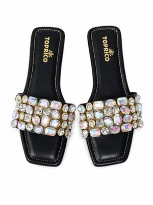 Black embellished faux leather square toe flats for women 4
