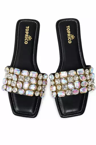 Black embellished faux leather square toe flats for women