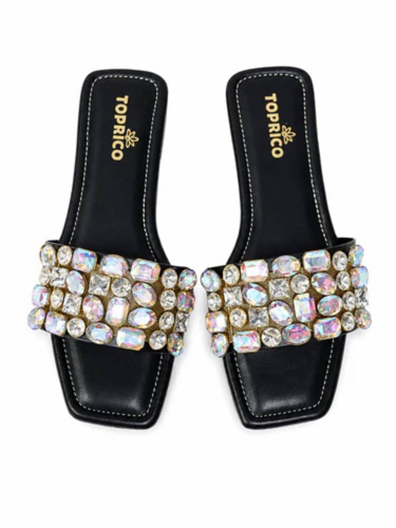 Black embellished faux leather square toe flats for women