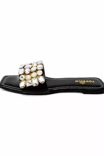 Black embellished faux leather square toe flats for women