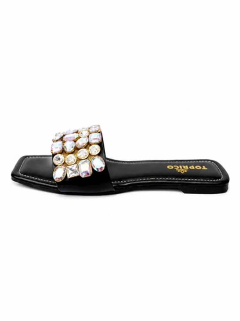 Black embellished faux leather square toe flats for women