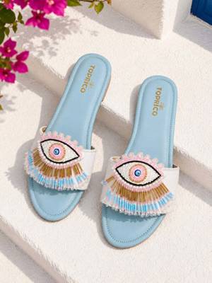 Blue beaded faux leather evil eye flats for women 1